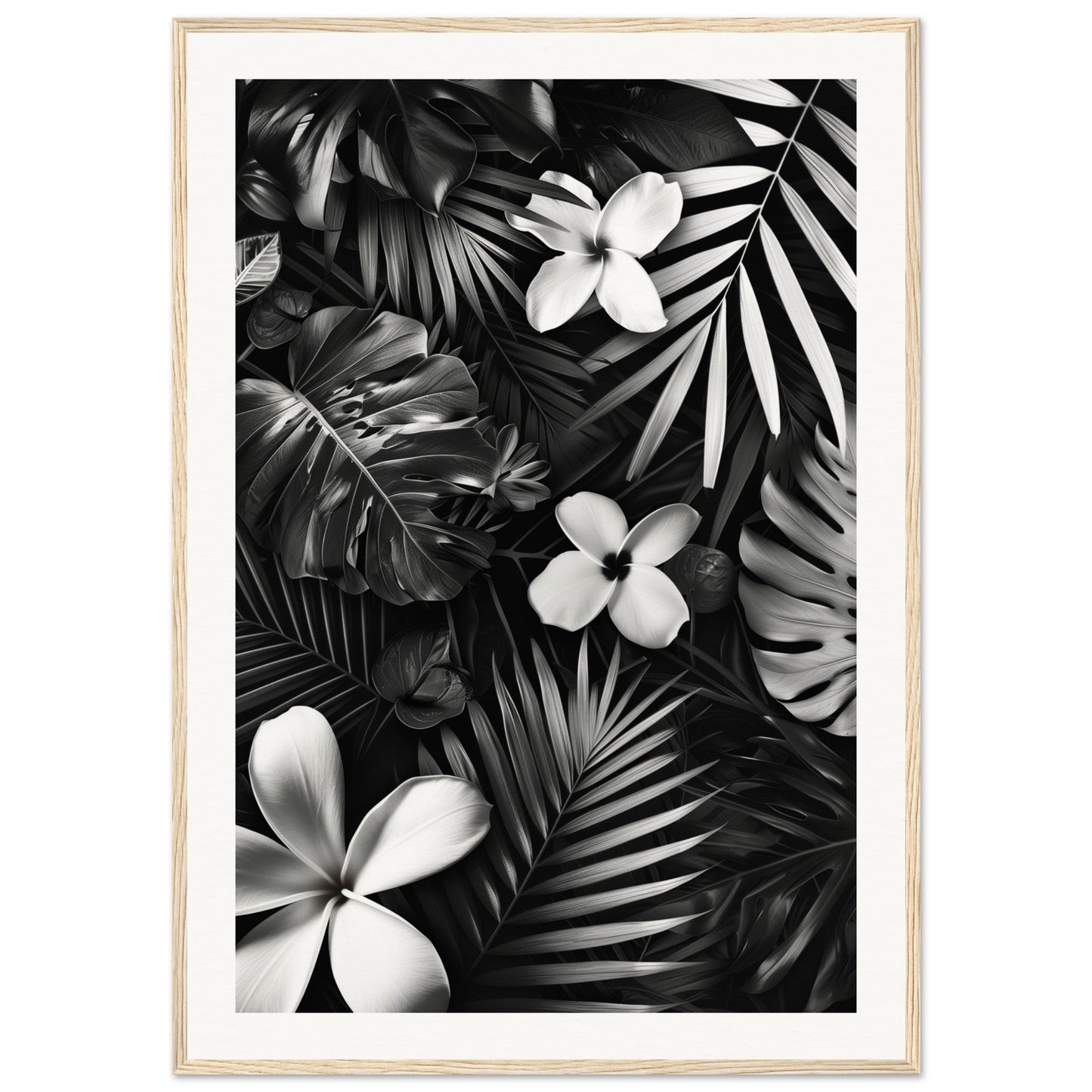 Poster Tropical Noir et Blanc ( 70x100-cm-Bois-clair)