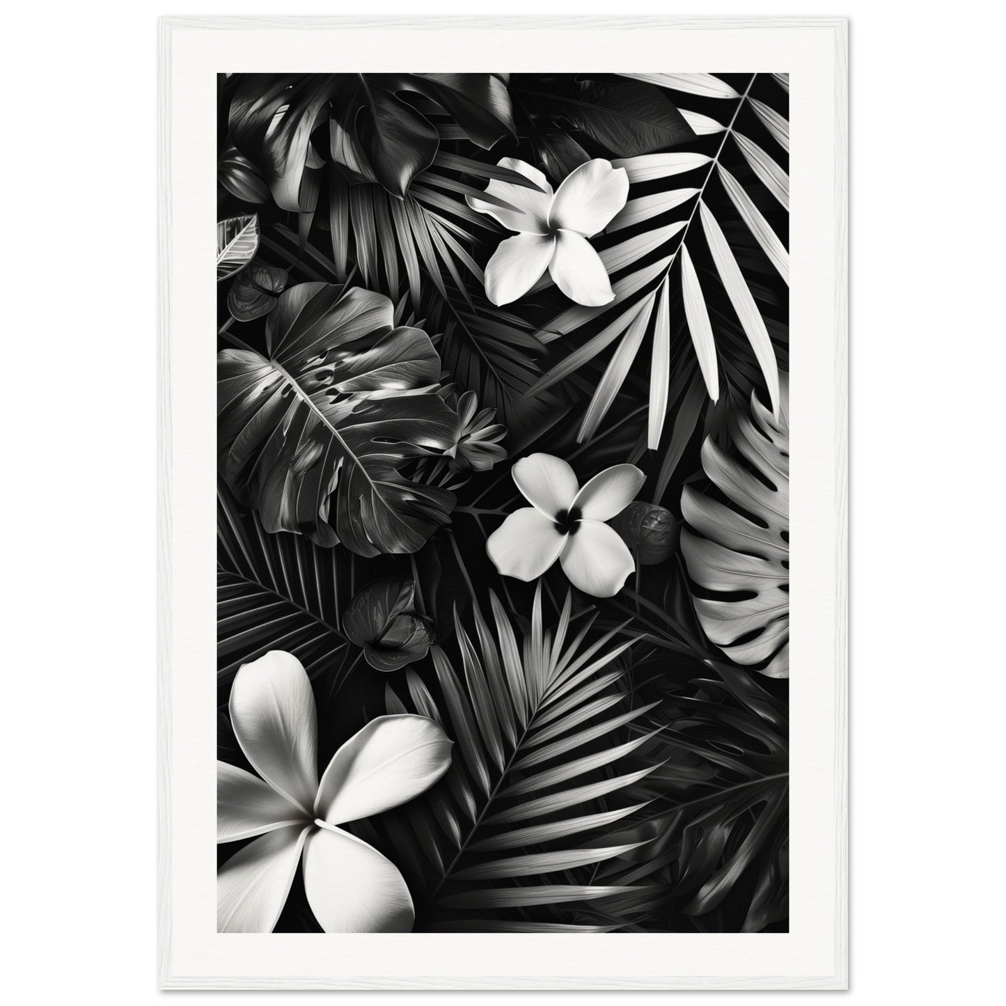 Poster Tropical Noir et Blanc ( 70x100-cm-Bois-blanc)