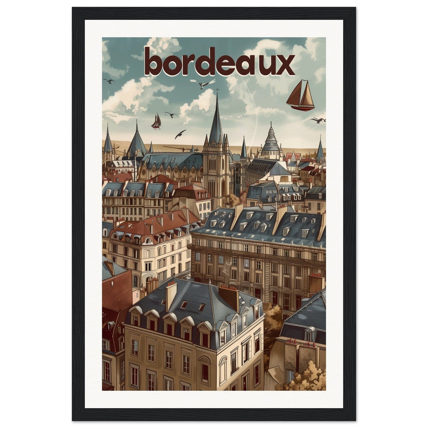 Poster Ville Bordeaux ( 30x45-cm-Bois-noir)