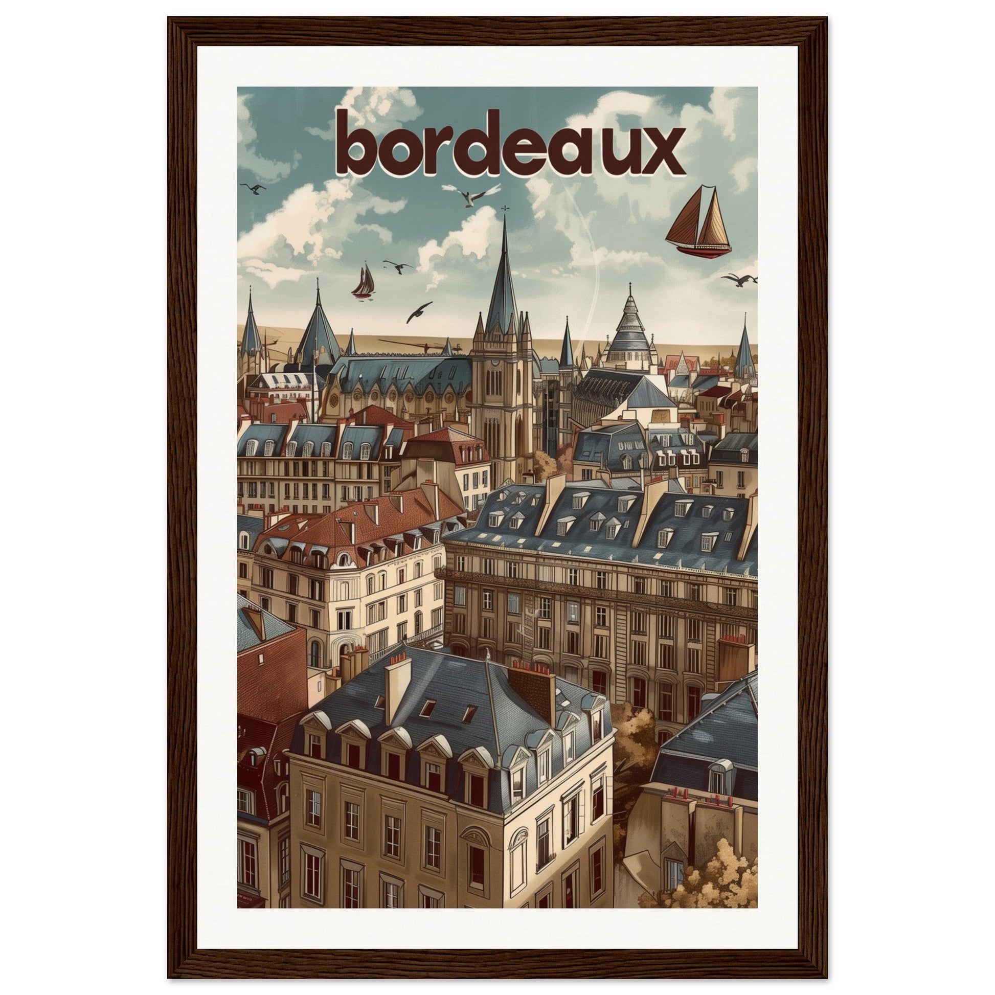 Poster Ville Bordeaux ( 30x45-cm-Bois-foncé)