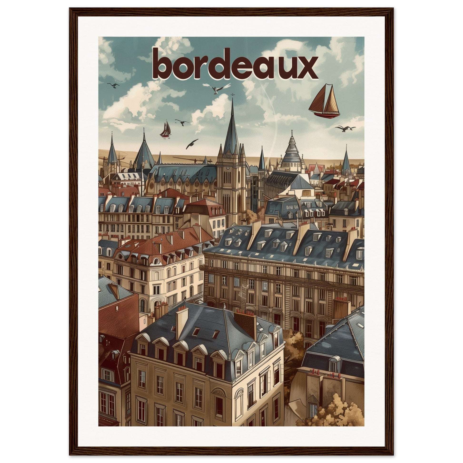 Poster Ville Bordeaux ( 50x70-cm-Bois-foncé)