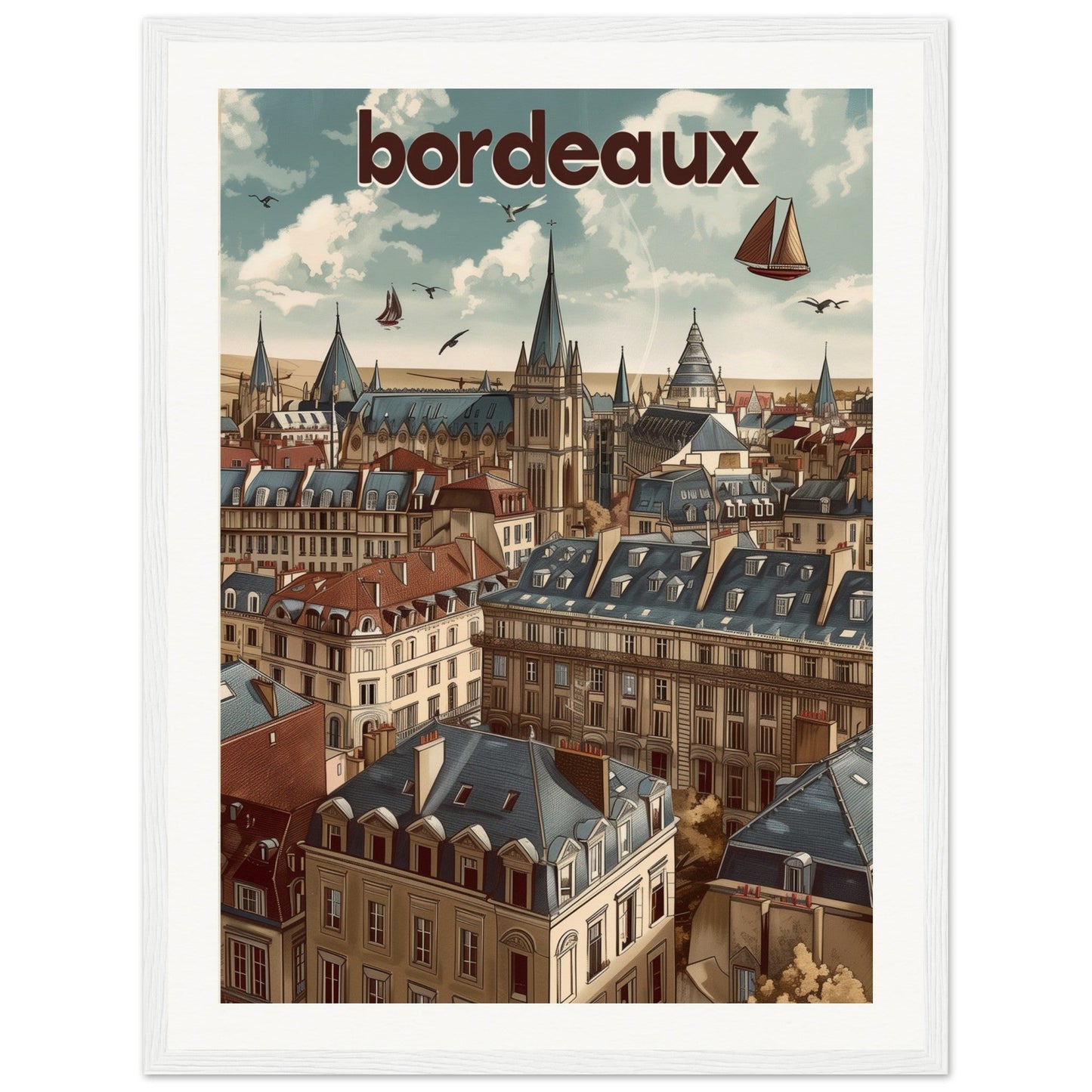 Poster Ville Bordeaux ( 45x60-cm-Bois-blanc)