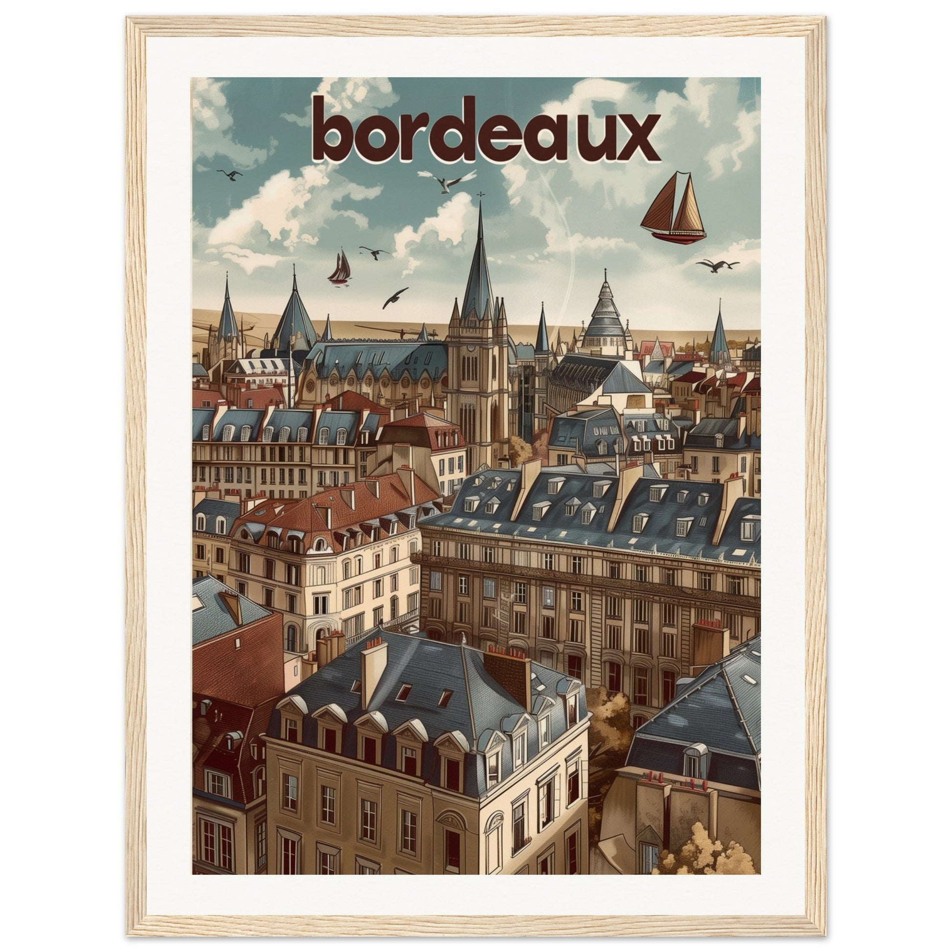 Poster Ville Bordeaux ( 45x60-cm-Bois-clair)