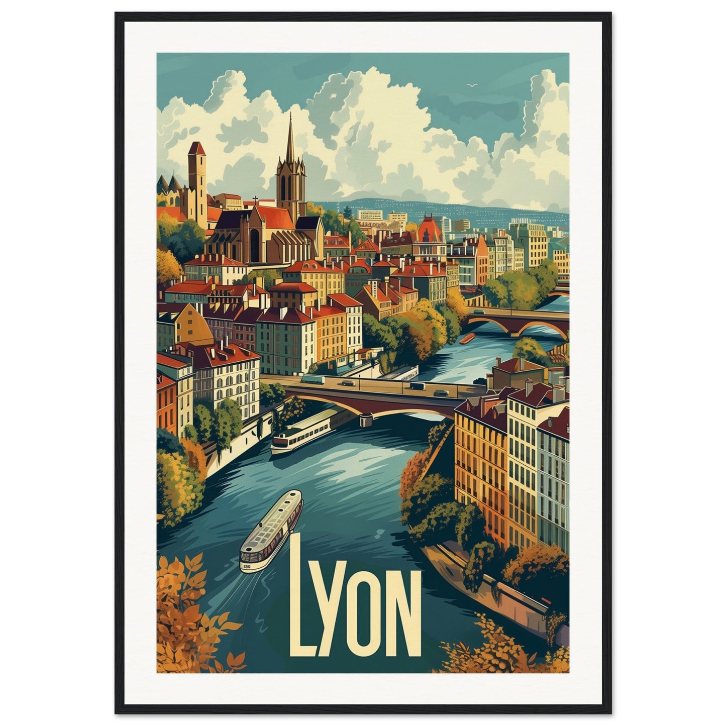 Poster Ville de Lyon ( 70x100-cm-Bois-noir)