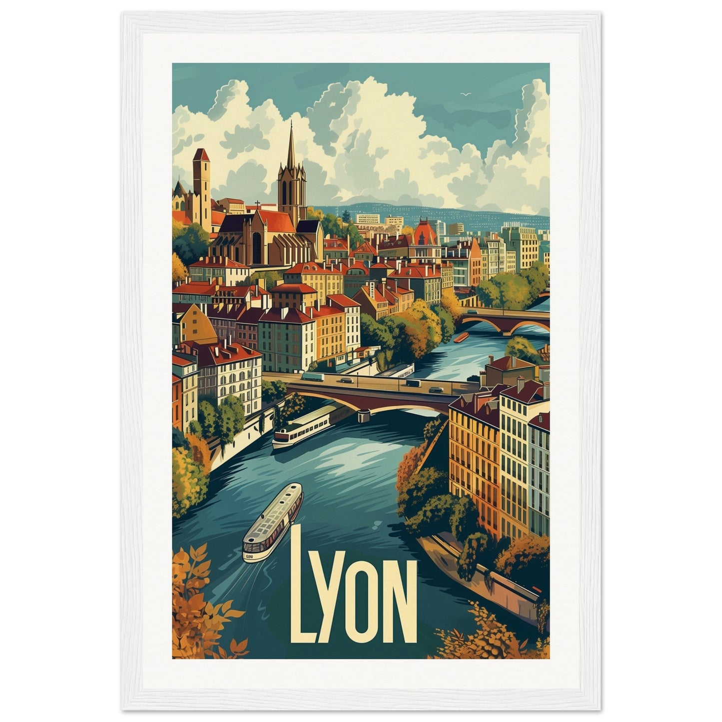 Poster Ville de Lyon ( 30x45-cm-Bois-blanc)