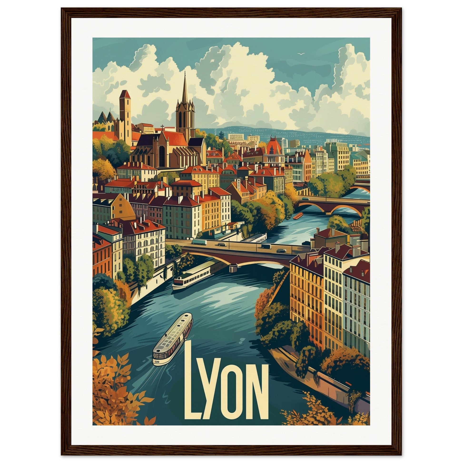 Poster Ville de Lyon ( 45x60-cm-Bois-foncé)