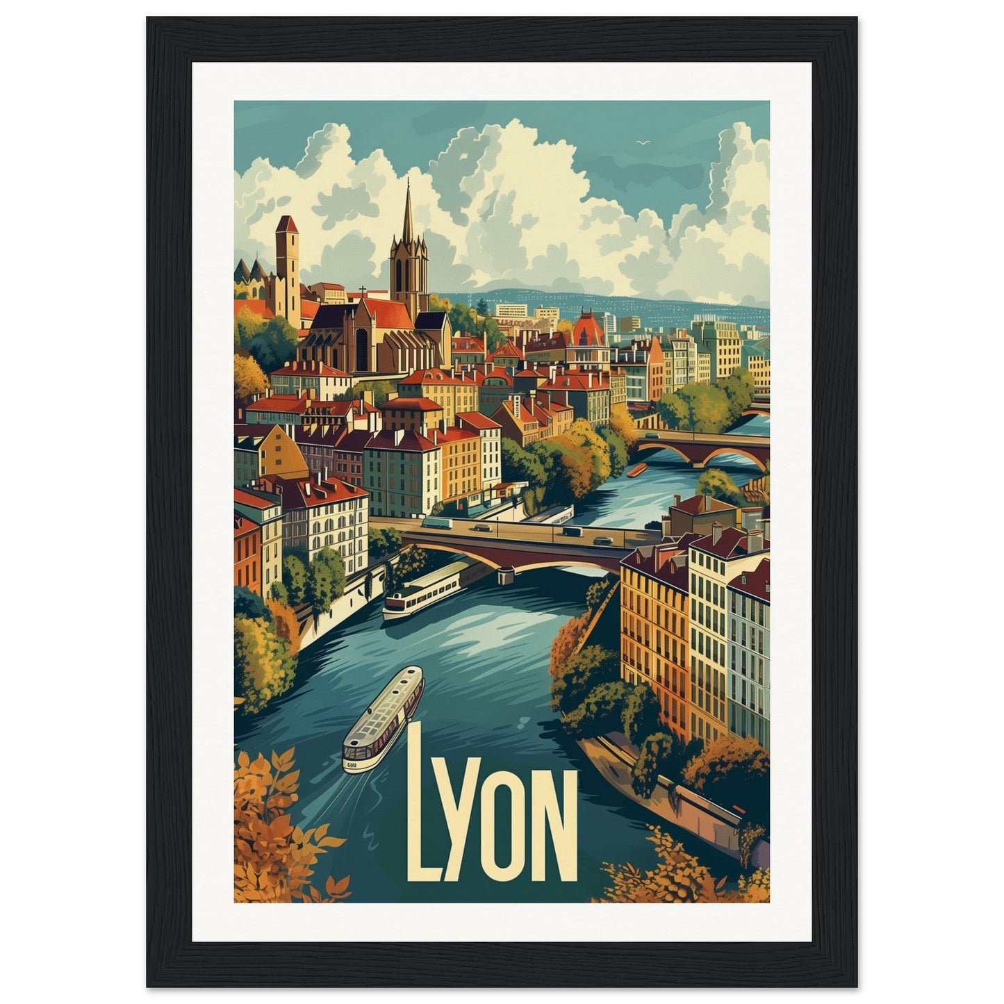 Poster Ville de Lyon ( 21x29.7-cm-Bois-noir)