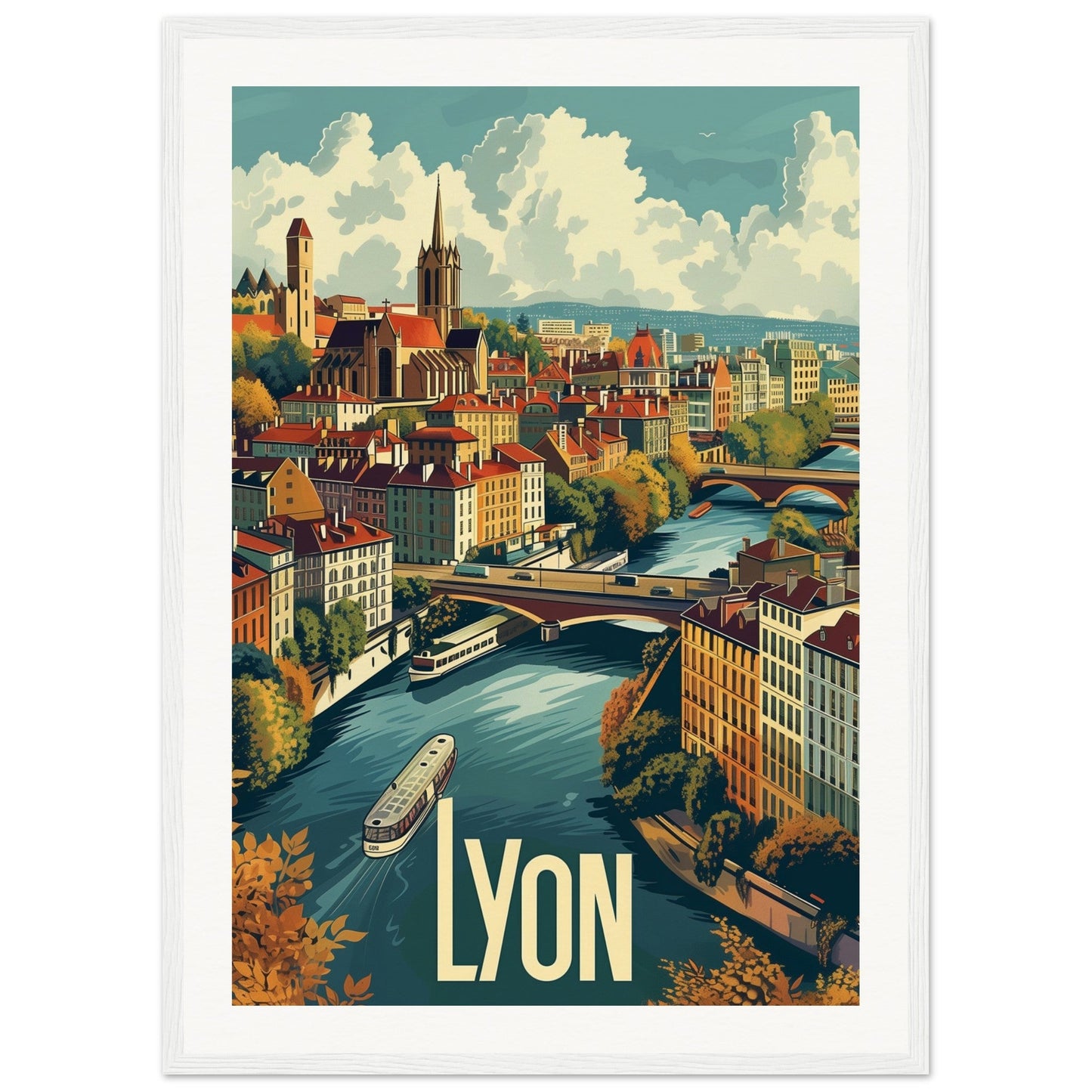 Poster Ville de Lyon ( 50x70-cm-Bois-blanc)