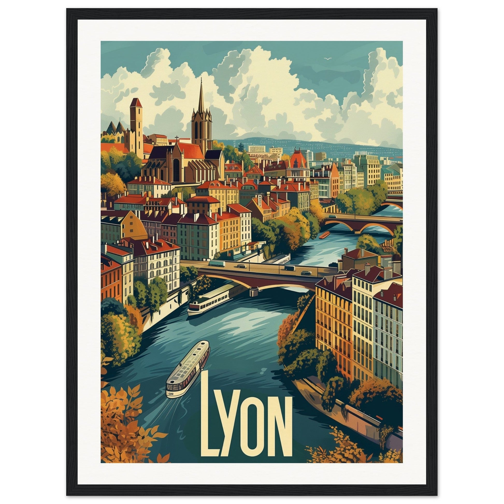 Poster Ville de Lyon ( 45x60-cm-Bois-noir)