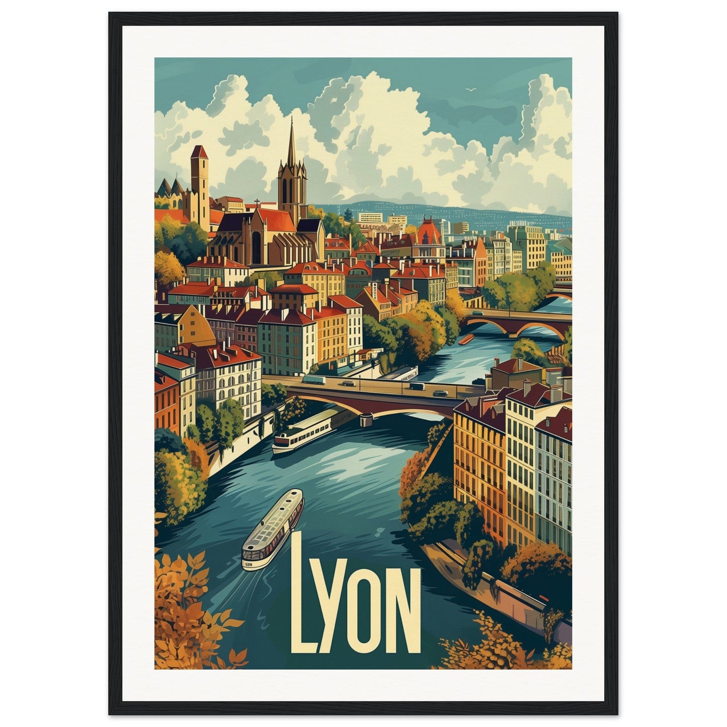 Poster Ville de Lyon ( 50x70-cm-Bois-noir)