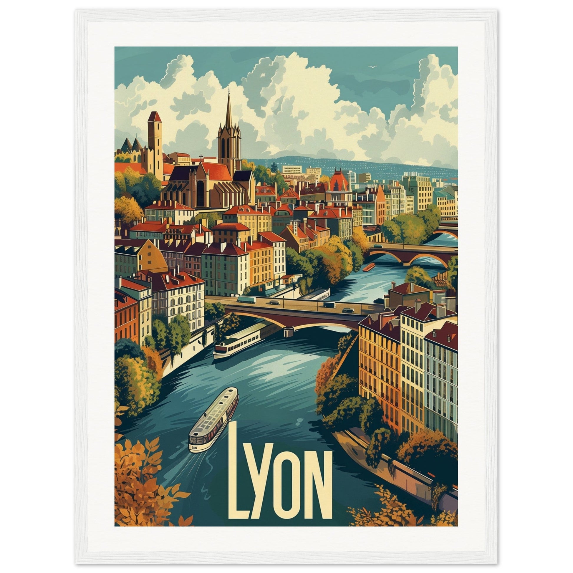 Poster Ville de Lyon ( 45x60-cm-Bois-blanc)