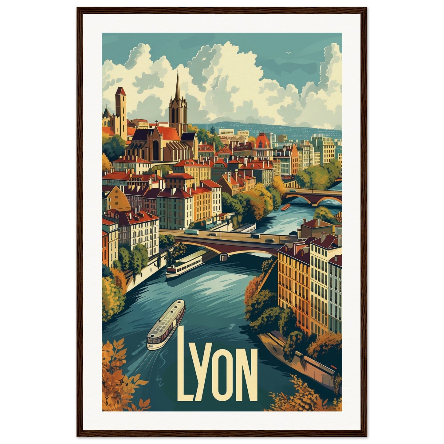 Poster Ville de Lyon ( 60x90-cm-Bois-foncé)